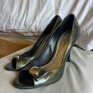 Olive green iridescent open toe heels